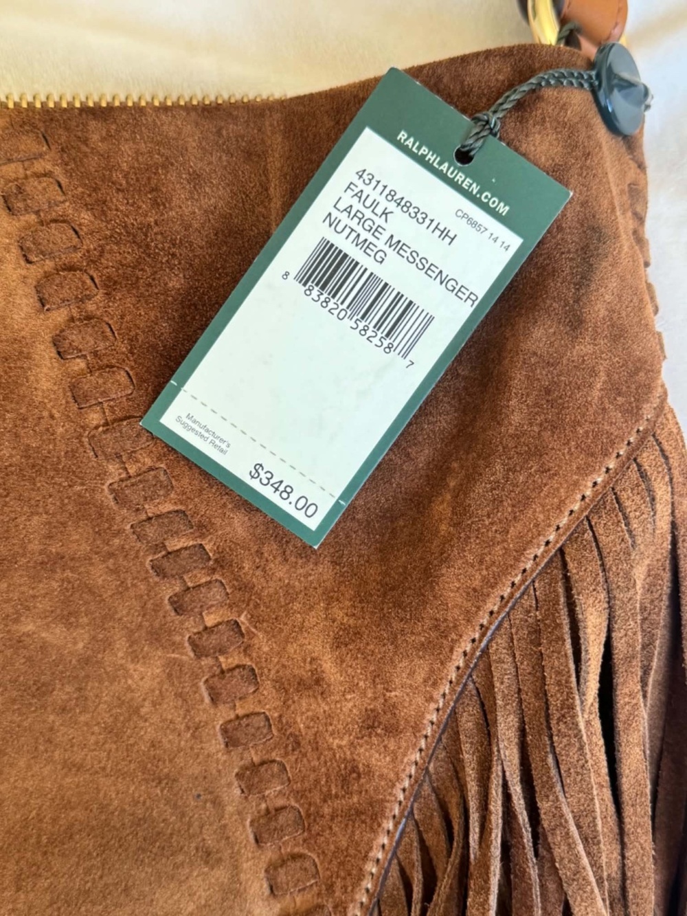 NWT Ralph Lauren Faulk Large Nutmeg Suede Fringe Messenger Bag - Picture 4 of 9